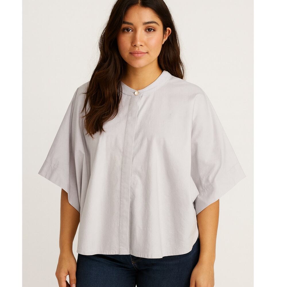 Bryn Walker SZ L 100% Cotton Short Sleeve Poncho Style Button Up Shirt LT Gray